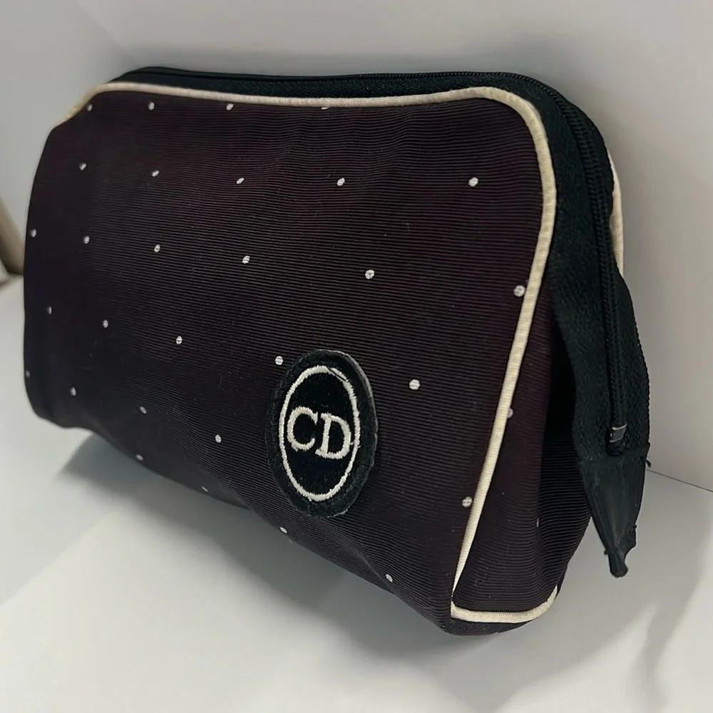 Christian Dior Vintage Polka Dot Dark Brown Canvas Zipper Clutch Make Up Bag